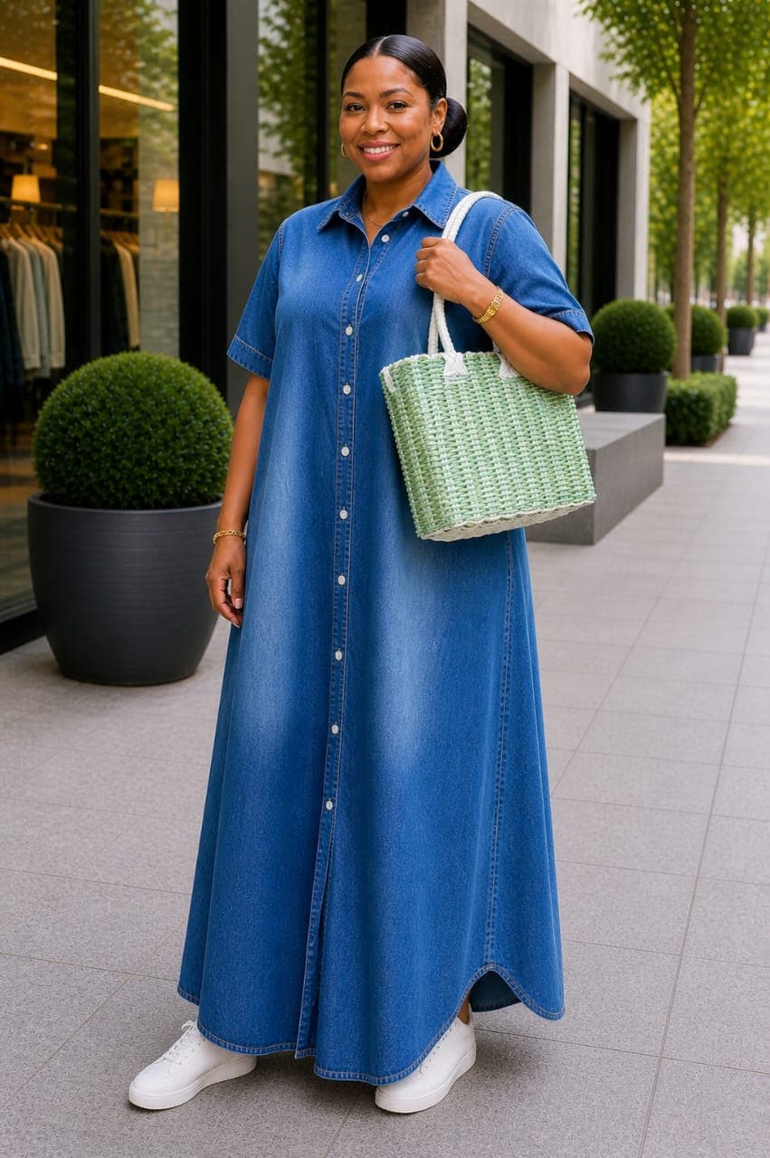 Classic non-fade denim maxi shirt dress, — RencelCast Collection, Nairobi