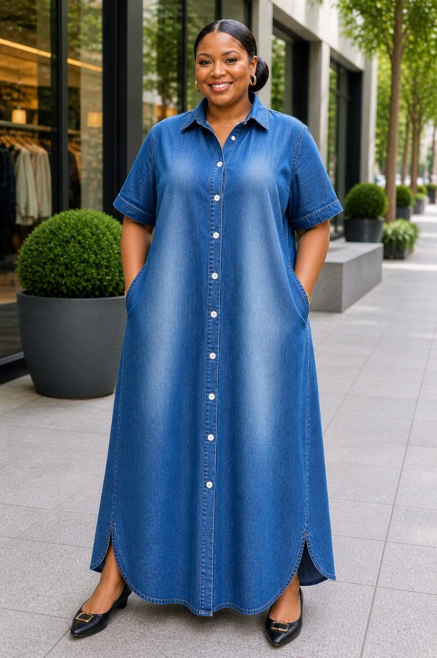 Classic non-fade denim maxi shirt dress, — RencelCast Collection, Nairobi