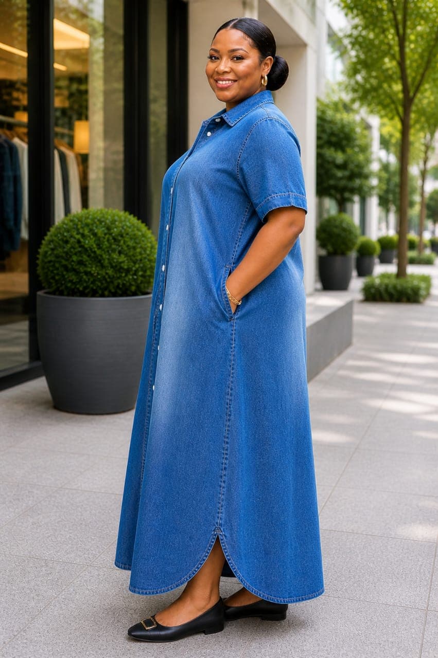 Classic non-fade denim maxi shirt dress, — RencelCast Collection, Nairobi