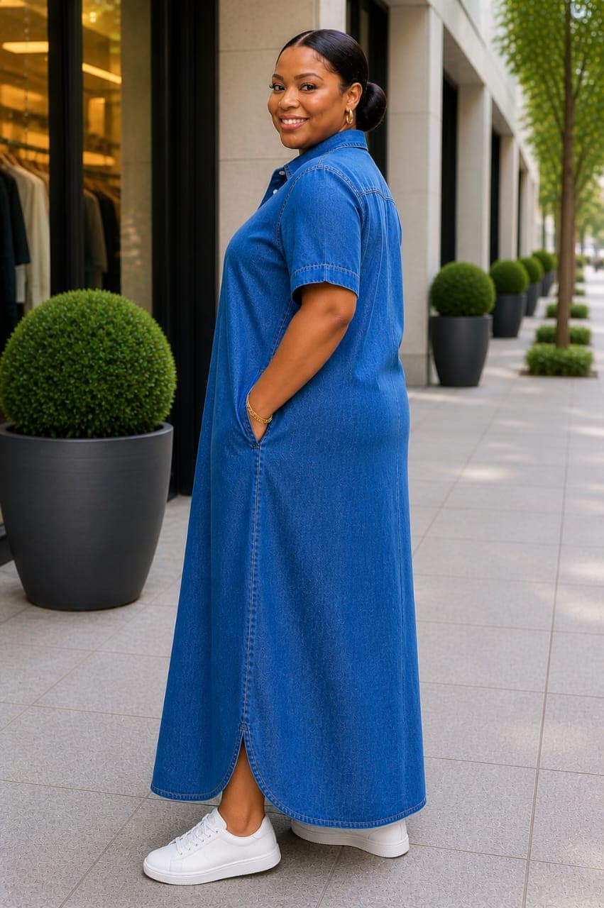 Classic non-fade denim maxi shirt dress, — RencelCast Collection, Nairobi