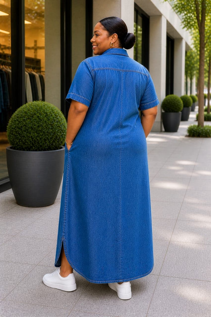 Classic non-fade denim maxi shirt dress, — RencelCast Collection, Nairobi